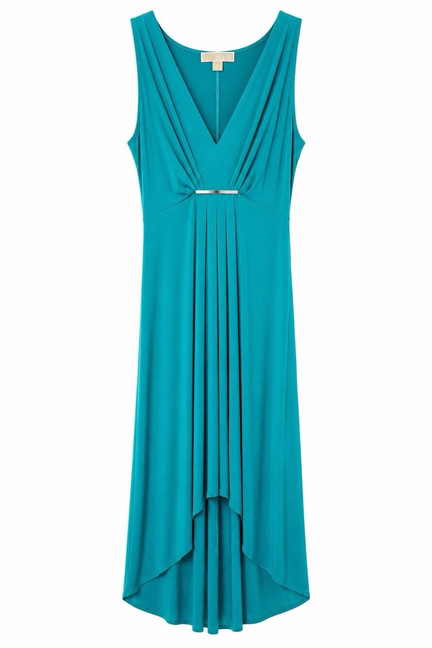 Michael Kors Teal High Low Maxi Dress M Pleated Gathered Stretch Sleeveless EUC